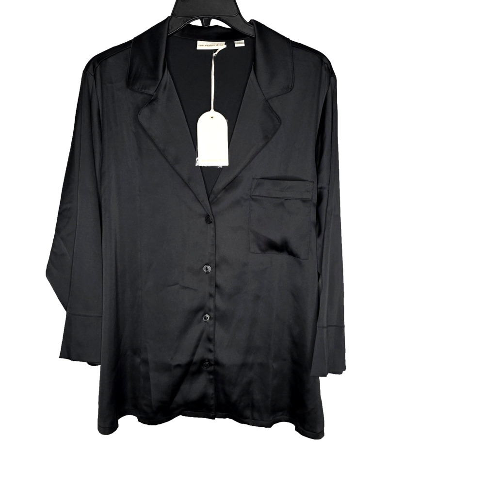 Van Winkle & Co Womens Black Satin Pajama Button Sleep Top Size L Shirt